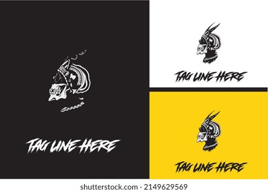 artwork design of head skull and horn vector black and white