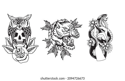 artwork design of head skull, owl, head boar and snake vector illustration