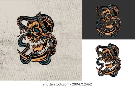 artwork design of head skull and snake vector illustration , tattoo design abstract