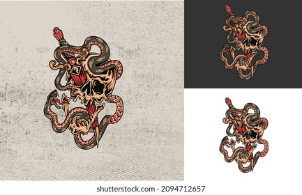 artwork design of head skull and snake vector illustration , tattoo design abstract