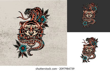 artwork design of head tiger and cobra snake vector illustartion design