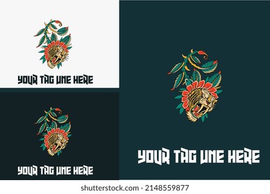 artwork design of head tiger and flower vector illustration