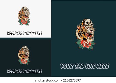 artwork design of head tiger and red rose vector