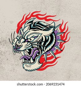 artwork design head white tiger with flames vector illustration