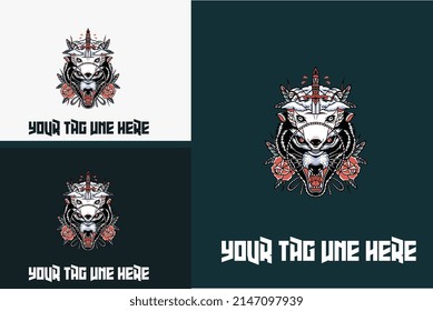 artwork design of head wolf and flower vector illustration