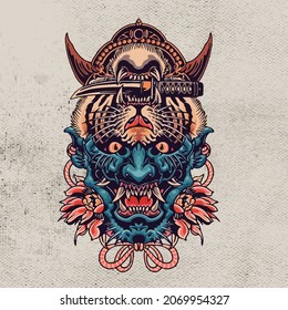 artwork design horned monster head vector