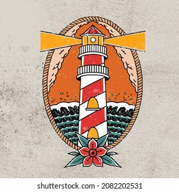 artwork design of lighthouse and red rose