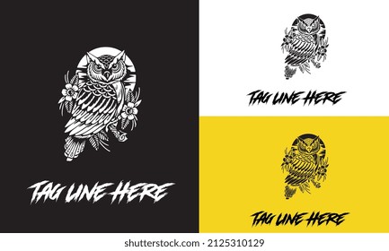 artwork design of owl and flower vector design black and white