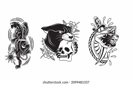 artwork design of panther , head panther and knife vector design black and white