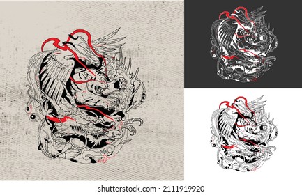 artwork design of phoenix, tiger and dragon vector black and white