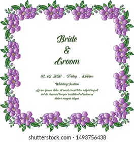 Artwork design purple flower frame for ornate of card bride and groom. Vector