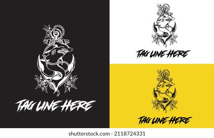 artwork design of shark and anchor vector design black and white