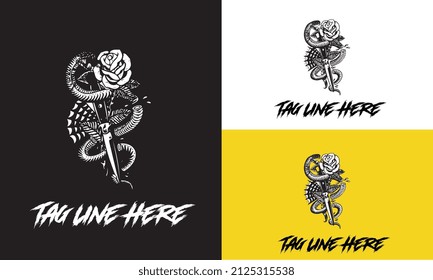 artwork design of snake and flower vector design black and white