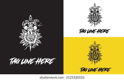 artwork design of snake and flower vector design black and white