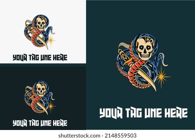 artwork design of snake and head skull vector illustration