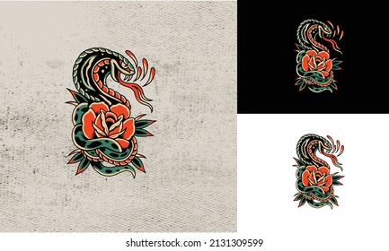 artwork design of snake and red flower vector illustration