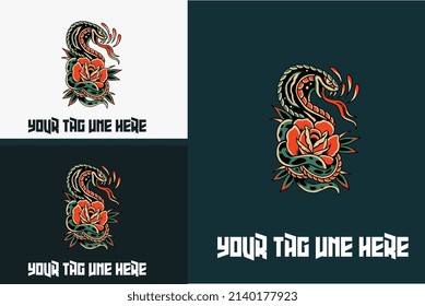 artwork design of snake and red flower vector illustration