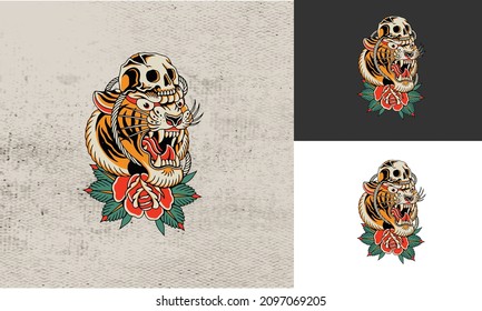 artwork design tattoo of head tiger and red rose flower vector illustration