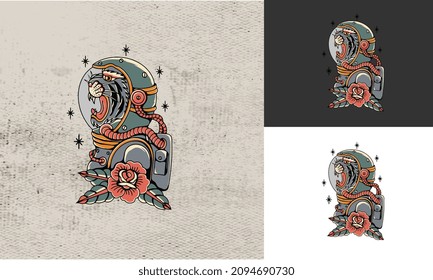 diseño artístico de astronauta tigre con diseño de ilustraciones vectoriales de flores de rosa roja