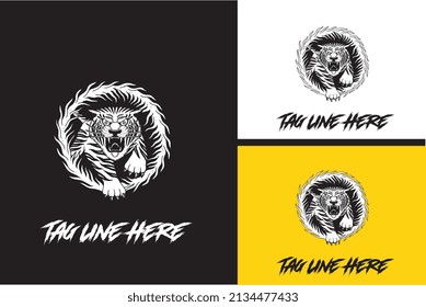artwork design of tiger with circle flames vector black and white
