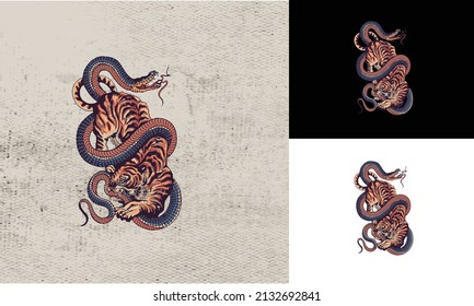 Artwork Design Of Tiger Fight With Big Snake Vector Illustration