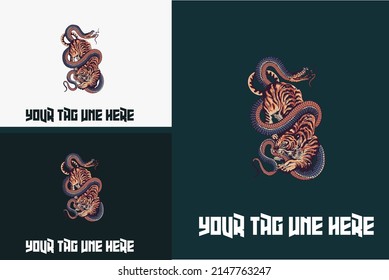 Artwork Design Of Tiger Fight With Big Snake Vector Illustration