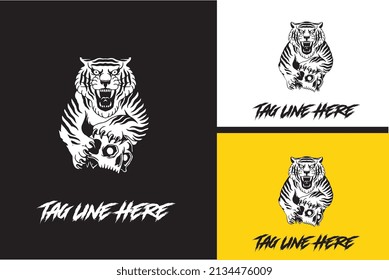 artwork design of tiger and head skull vector black and white