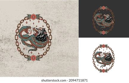 artwork design of wolf and big snake fighting vector illustration