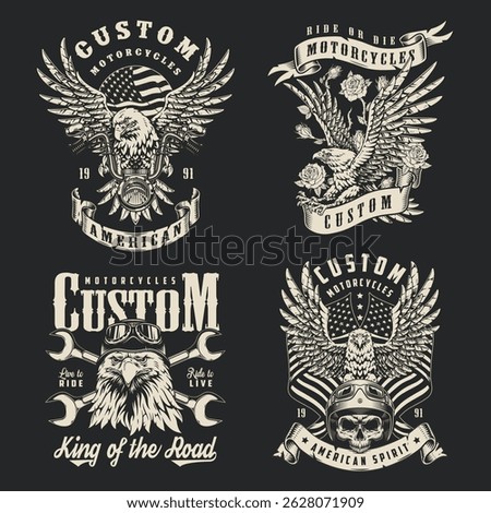 Artwork displays a collection of custom motorcycle designs showcasing American culture. Features eagles skulls and text that embodies the spirit of freedom and adventure.