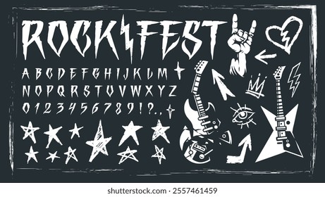 The artwork displays a collection of rock-themed graphics including guitars stars and symbols. Elements like a raised hand gesture and playful lettering suggest an energetic atmosphere.