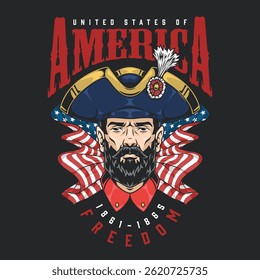 A obra de arte exibe um soldado histórico com uma expressão séria adornada em um uniforme tradicional. O fundo apresenta bandeiras americanas estilizadas e texto em negrito celebrando a liberdade e o patriotismo.