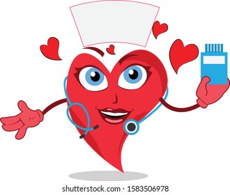 artwork of a doctor nurse funny heart action character holding a blank medicine bottle