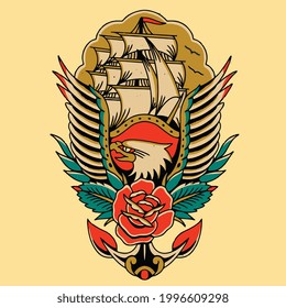 artwork eagle with rose and ship tattoo