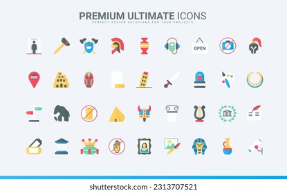 Artwork exhibits of art and history gallery, exhibition with antique artifacts and culture heritage collection for visitors, school excursion. Museum trendy flat icons set vector illustration