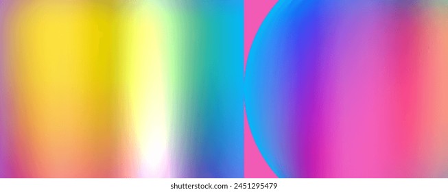 The artwork features a colorful gradient background blending shades of azure, electric blue, and magenta. In the center, a symmetrical circle adds a pop of color and pattern to the graphics