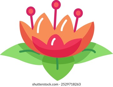 The artwork features a colorful lotus flower with orange and pink petals surrounded by green leaves representing harmony and natural beauty. The design captures a serene essence.