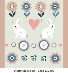 The artwork features cute bunnies, colorful Easter eggs, and delicate floral elements in soft pastel tones, arranged in a circular composition. 