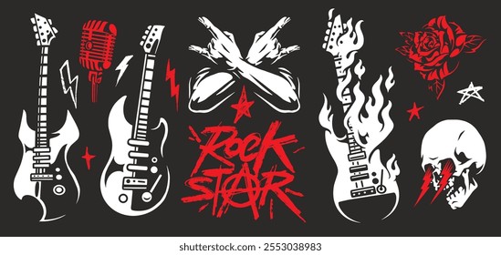 Artwork features dynamic rock star imagery including guitars a microphone a skull and bold typography. The design incorporates red and black elements that evoke a vibrant music culture.