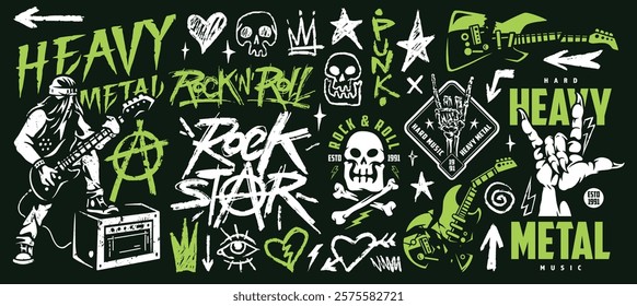 The artwork features an energetic mix of heavy metal and punk elements including guitars skulls and vibrant icons. The design showcases the essence of rock culture with bold colors.