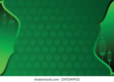 The artwork features a green-themed Islamic background with decorative curved borders, lanterns, and a subtle geometric pattern