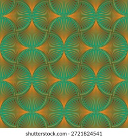 La obra de arte presenta un intrincado fondo art déco dimensional con patrones sin costuras y tonos de turquesa y cobre o naranja dorado.