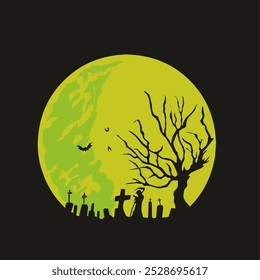 The artwork features a large, eerie green moon casting an unsettling glow over a graveyard. Silhouetted against the moon are twisted tree branches, bats flying in the night sky, and gravestones