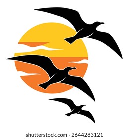 Artwork features three black silhouette birds flying in formation against a stylized backdrop. A large yellow and orange setting sun provides a vivid contrast, creating dynamic composition.