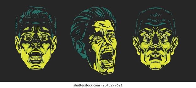 The artwork features three stylized neon-green faces showcasing a range of intense emotions primarily fear and shock against a dark background.