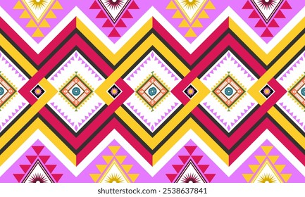 The artwork features a vibrant and colorful geometric pattern in the background. The design consists of various shapes like triangles, diamonds, and sunburst patterns in bright colors including pink,