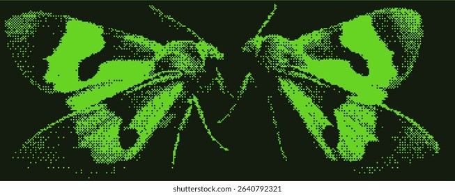 Artwork features a vibrant green butterfly created in pixel art style, highlighting intricate wing patterns and symmetry against a dark background. The design exemplifies digital artistry.