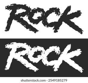 A arte apresenta a palavra rock renderizada em uma fonte artística em negrito. As letras são mostradas em branco contra um fundo preto e preto contra um fundo branco, criando impacto visual.