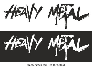 La obra de arte presenta las palabras heavy metal en un llamativo estilo de pincelada que se muestra en blanco sobre fondo negro y negro sobre fondo blanco que captura la esencia de la cultura musical.