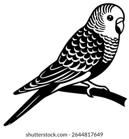 Uma obra de arte com um budgerigar sombreado preto exibe a natureza aviária minimalista no design, mostrando simplicidade e elegância monocromática com fundo transparente.