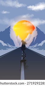 Una obra de arte con montañas y un amanecer o atardecer, con una figura de pie en una carretera reflejada en el pavimento. La Imagen aborda los siguientes temas:
Sueños y viajes: Una persona camina por un largo camino hacia un destino aparentemente distante.
Desafíos y perseverancia: Las imponentes montañas rodean la escena, haciéndose eco del viaje.
Comienzos Nuevos: El sol recién salido o puesto significa un nuevo comienzo o un cambio en la vida.
Paz y tranquilidad: El azul profundo de las montañas y el cielo crea una atmósfera serena.